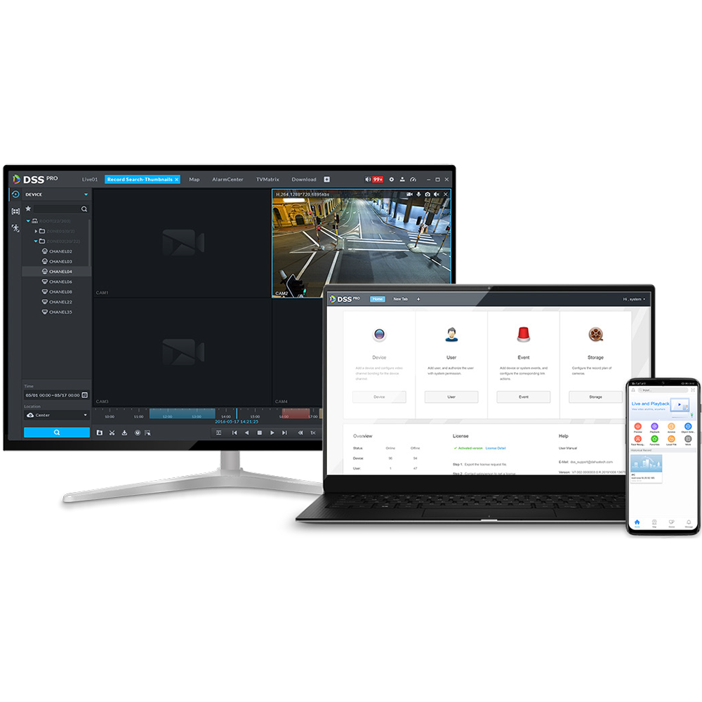Dahua DSS access control management software, shown on desktop, laptop and mobile